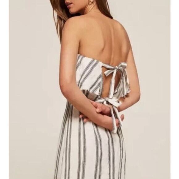 Reformation Linen Midi Length A line Dress Sz sm Stripes Back Tie Strapless - Picture 10 of 10